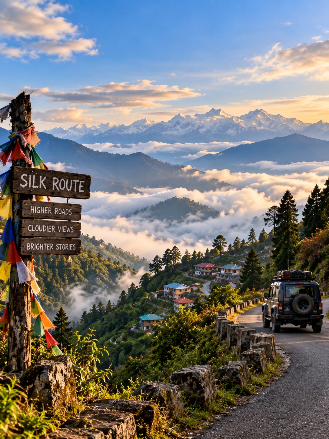 Silk Route mountain road above the clouds
