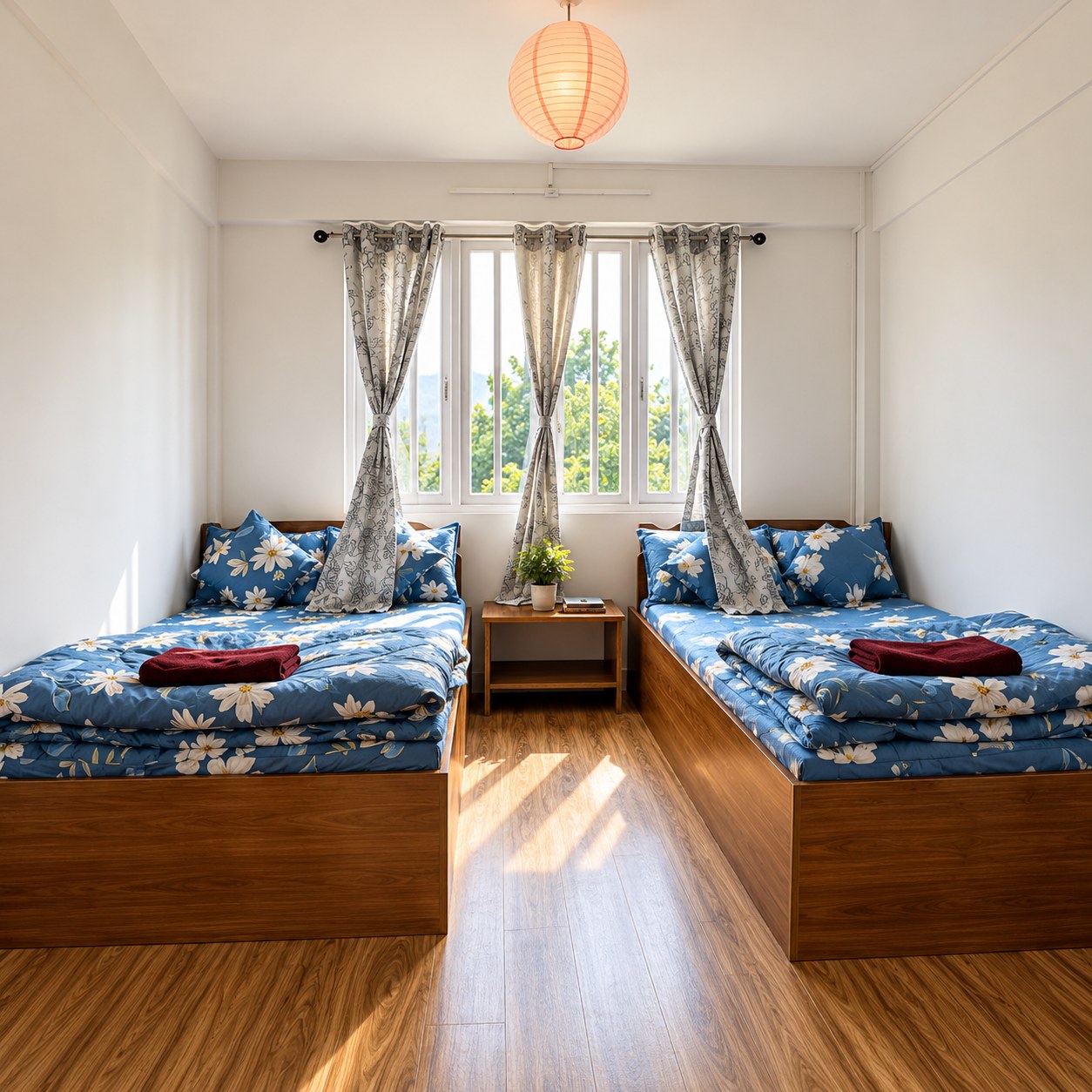 Blue floral guest room